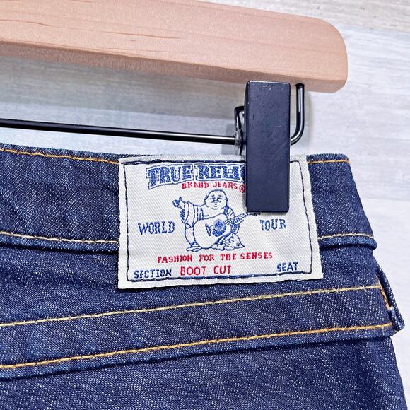 True Religion Flap Boot Cut Jeans Blue Dark Wash Low Rise Stretch Womens 27 - Picture 6 of 10